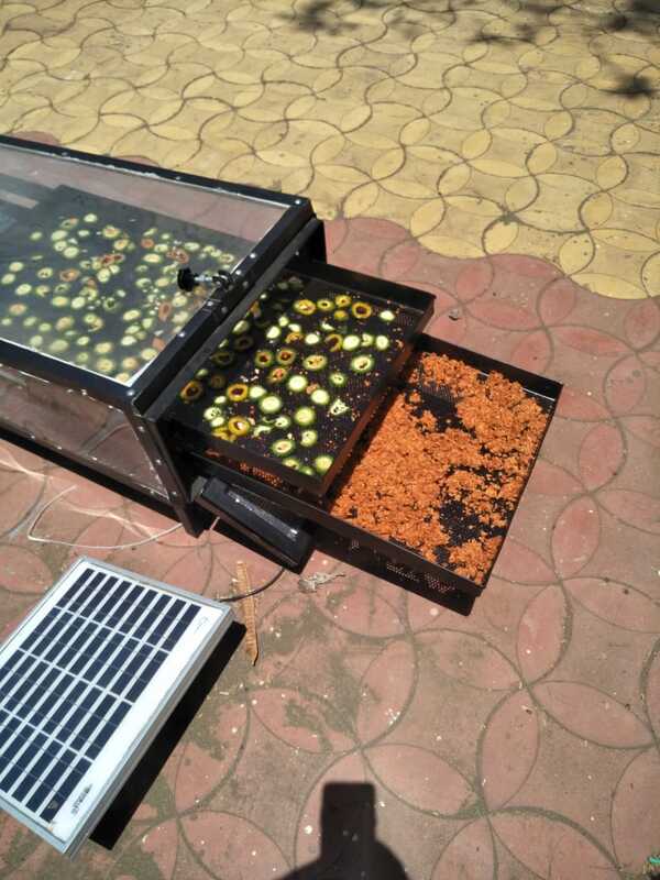 1.75 ft X 3ft SS 304 fabricated sheet Metal structure with black powder coating foodgrade and 2 nos ALLUMINIUM PERFORATED/ tray. Size 16” x 32” with food gradeblack coated as shown in pic. Capacity per tray 3 to 4 kg, .. 1 nos of fan (3”) and solarpanel ( 5 WATT) for moisture removal, Top Cover UV filter Poly Carbonate solid SheetUnbreakable and 4 nos castor wheel for easy movement . Proper dust proof insect proofand waterproof construction for hygiene drying of all types of farm produce , Control circuitfor fan regulation .