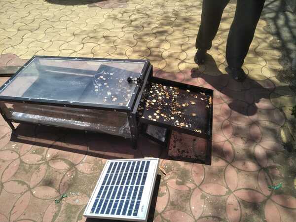 1.75 ft X 3ft SS 304 fabricated sheet Metal structure with black powder coating foodgrade and 2 nos ALLUMINIUM PERFORATED/ tray. Size 16” x 32” with food gradeblack coated as shown in pic. Capacity per tray 3 to 4 kg, .. 1 nos of fan (3”) and solarpanel ( 5 WATT) for moisture removal, Top Cover UV filter Poly Carbonate solid SheetUnbreakable and 4 nos castor wheel for easy movement . Proper dust proof insect proofand waterproof construction for hygiene drying of all types of farm produce , Control circuitfor fan regulation .