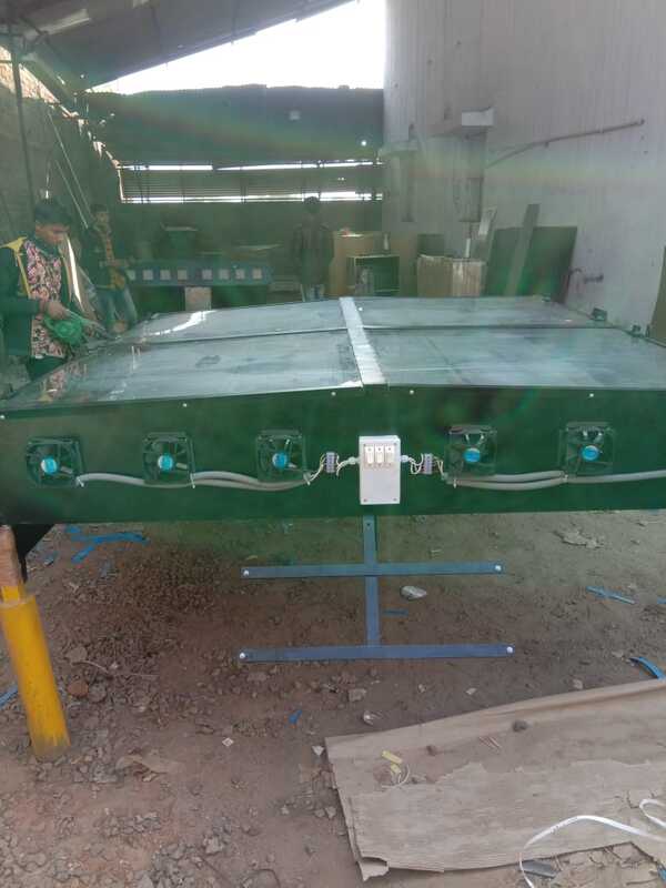 1.75 ft X 3ft SS 304 fabricated sheet Metal structure with black powder coating foodgrade and 2 nos ALLUMINIUM PERFORATED/ tray. Size 16” x 32” with food gradeblack coated as shown in pic. Capacity per tray 3 to 4 kg, .. 1 nos of fan (3”) and solarpanel ( 5 WATT) for moisture removal, Top Cover UV filter Poly Carbonate solid SheetUnbreakable and 4 nos castor wheel for easy movement . Proper dust proof insect proofand waterproof construction for hygiene drying of all types of farm produce , Control circuitfor fan regulation .