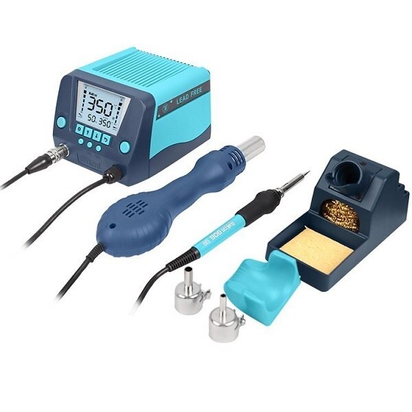 Type of Product: Hi Efficiency Thermostatic 2 in 1 De-soldering Station & Soldering StationStationDisplay: LCDAirflow Type: Air bar OutputAir volume: 23L/Min.Power Consumption: 560WHot air temperature: 100-500degCSoldering Wattage: 90WLarge LCD Display, compact, lightweight. LCD Display provides clear interface with the operator to adjusttemperature and air level.Can be used for a variety of components such as QFP, SOP, PLCC or SOJ chips for de-soldering.Upgraded micro-computer control, digital adjustment and display.ESD safe components avoid static damage.