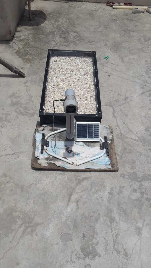 SIZE 432mm X 865mm box type structureMATERIAL fabricated with Alluminium Sheet metal Food GradeCOATING Coated with High Absorbing Selective coating,TRAY 1 NO Alluminium perforated Coated Food grade Size 16” x 32” Capacityper tray 3 to 4 kgCHIMNEY PVC PIPE 2 ft height for moisture removalFILTER Industrial grade Dust Proof 3 nos at bottom.TOP COVER Top Cover UV filter Poly Carbonate Sheet UnbreakableWHEEL 4 Nos castor wheel for easy movementSolar Panel 3 watt for fan circulationFan for moisture removal.