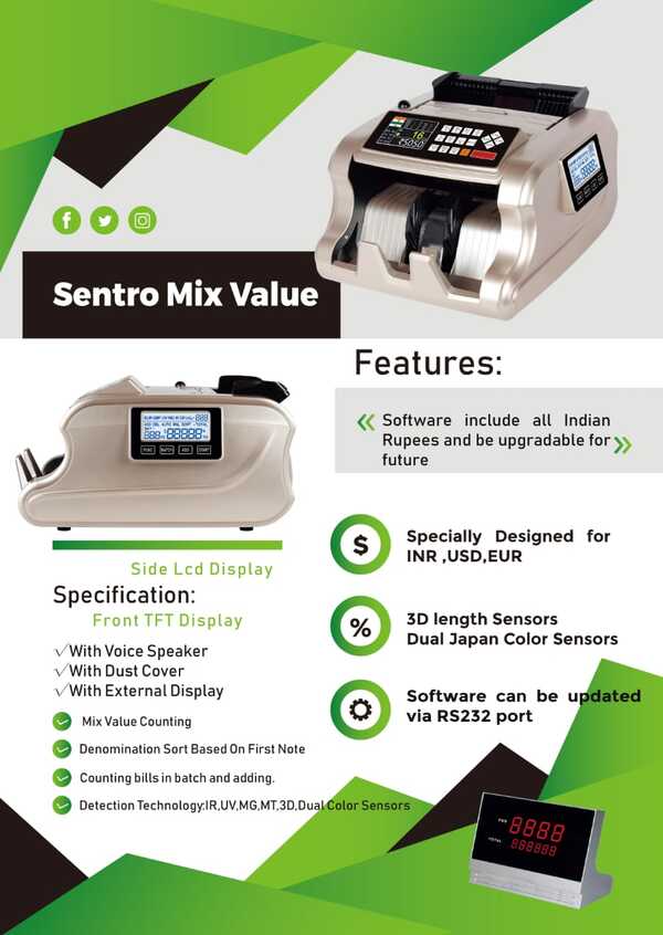 Product Description  Mycica - sentro mix value-Mix note value counting machine.- Designed for INR, USD