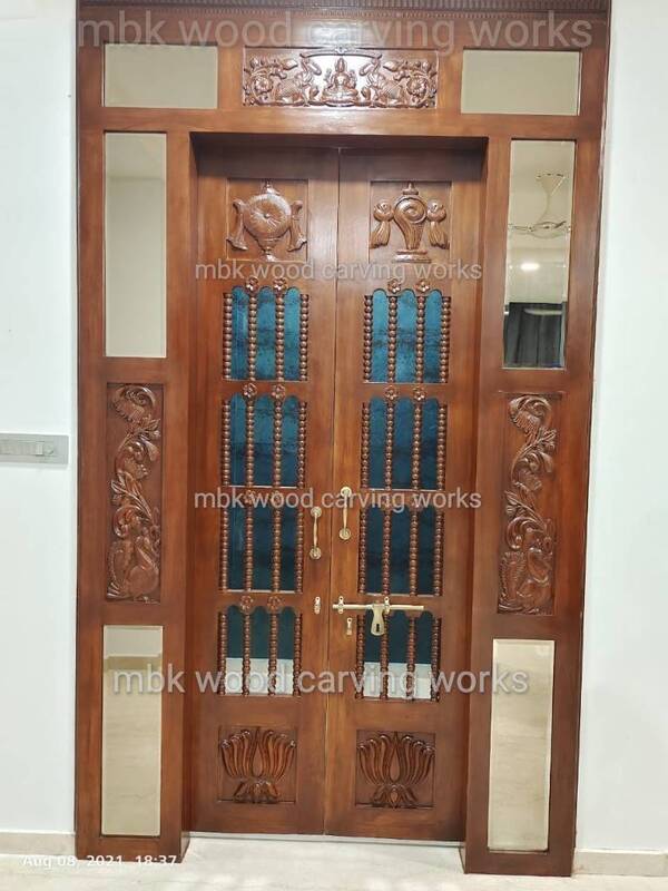 wooden carving pooja double door with side glass size 36x81 door size brand mbk wood