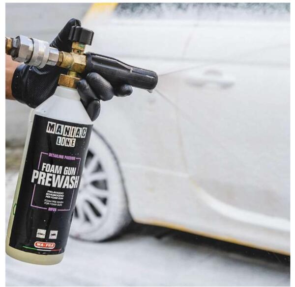 Mafra Maniac Line TM Foam Gun Prewash is a powerful and safe dry and compact foam gun for use in the pre-wash phase. It respects the previously applied protective agents, even nanotechnology-based protective or coating.- This product, when used in combination with a pressure washer, eliminates 90% of dirt, thus preventing swirls or micro-scratches in the subsequent washing phases.- It is recommended for use through a foam gun but can be used as an excellent pre-wash with a low pressure manual pump:- With Foam Gun Dilution Ration 1:10.- Through low pressure Pump dilution ration is 1:100.- Leave the foam on the car for up to 2 mins till It starts falling . After that Rinse the vehicleRECOMMENDATIONS:- Make sure the vehicle surface is cold and the car is in the shade avoiding direct sun .- The product must be dispensed from the bottom upwards . During warm seasons, work on one panel at a time to prevent the product from drying on the surface.- In the presence of mud, remove it with a jet of water before dispensing the product.- Foam Gun Prewash is available in 1000ml format