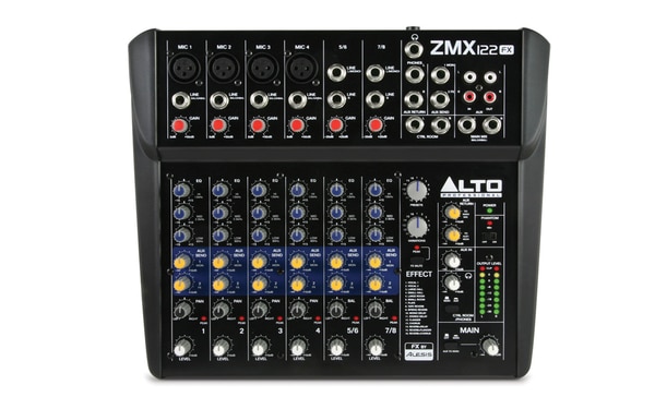 It features four microphone inputs with balanced TRS jacks (two with Phantom Power), a three-band EQ and two AUX sends on each of the four mono channels and the two stereo channels, and even two-track inputs for integrating audio playback devices. The ZMX122FX is a perfect, take-anywhere professional mixer.Regardless of what you're mixing, give your mix a professional edge with 256 onboard 24-bit DSP effects designed in partnership with Alesis, a coveted creator of sound-shaping digital effects that has been setting standards for DSP technology for nearly three decades. Choose from room and space delays, small and large hall acoustics, plate and spring reverbs, flangers, chorus effects and more. The ZMX122FX offers 16 variations of 16 professional Alesis effects from which to build, tweak, and dial in your sound. There's even a footswitch input so you can bypass all effects hands-free (footswitch not included).The ZMX122FX is the swiss army knife that your creative life needs. Not only can you can plug dynamic, condenser, and wireless microphones into the first four channels, but you also get two stereo channel inputs for keyboards, drum machines, and other instruments. Plus, you can easily plug in your MP3 player, CD player, or audio from a DVD player into the CD/TAPE inputs. You also have two AUX sends that you can use to send streams of audio from your mixer to a digital effects unit, stage monitor, or any number of sources. Choose the ZMX122FX as the audio central command for your live performances, home studio, or video suite.FEATURES16 total inputs including XLR jacks w/ phantom power on ch. 1-4On-board Alesis digital effects with 256 variationsExpanded channel count perfect for small groups or sub-mixes4 mic input channels with gold-plated XLR and balanced line inputsTwo stereo input channels with balanced TRS jacksHigh headroom circuitry offering extra dynamic rangeUltra-low-noise discrete mic preamps3-band EQ on each channelFootswitch input for effects on/off (sold separately)2 aux sends per channel for external effects and monitoring2-bus design with Main and Control Room 1/4” stereo outputsAux inputs/outputs for external audio source integrationSwitchable phantom power