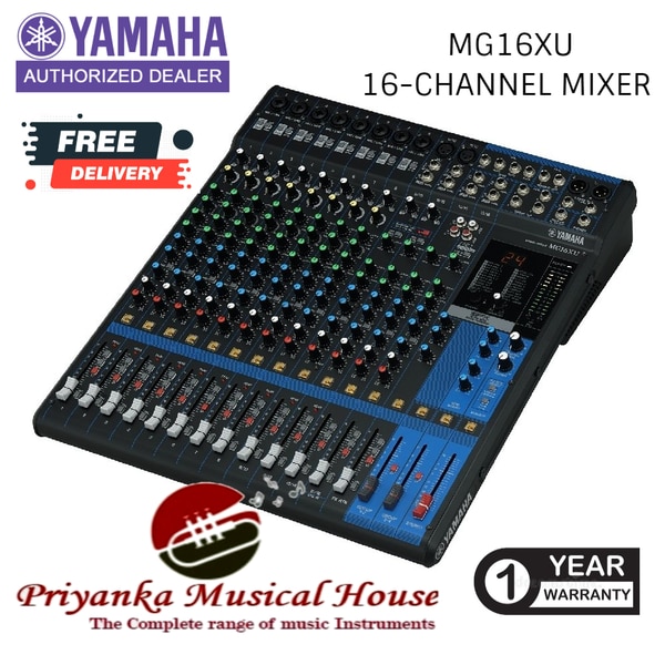 YAMAHA MG16XU 16-CHANNEL MIXERFEATURES16-Channel Mixing ConsoleMax. 10 Mic / 16 Line Inputs (8 mono + 4 stereo)4 GROUP Buses + 1 Stereo Bus4 AUX (incl. FX)“D-PRE” mic preamps with an inverted Darlington circuit1-Knob compressorsHigh-grade effects: SPX with 24 programs24-bit/192kHz 2in/2out USB Audio functionsWorks with the iPad (2 or later) through the Apple iPad Camera Connection Kit / Lightning to USB Camera AdapterIncludes Cubase Al DAW software download versionPAD switch on mono inputs+48V phantom powerXLR balanced outputsInternal universal power supply for world-wide useRack Mount Kit IncludedMetal chassisDimensions(W×H×D): 444 mm x 130 mm x 500 mm (17.5