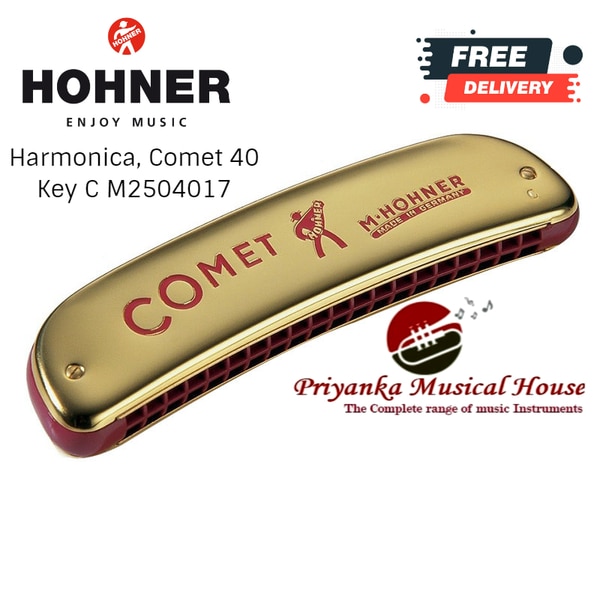 Hohner, Harmonica, Comet 40 /Key C M2504017Description:Octave tuned harmonica with enlarged tonal range and high volume. Reeds:  40 Reedplates:  Brass; 0.9 mm Comb:  Plastic Length in cm:  approx. 15.9