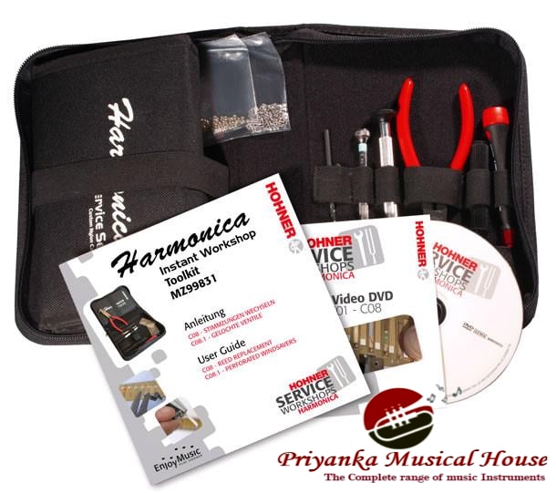 Hohner MZ99831 Instant Workshop Harmonica Repair ToolkitThis repair toolkit contains all the tools found in the basic harmonica service kit (15-MZ99331), plus specialist tools for advanced harmonica repairs and maintenance. It allows you to do service operations such as reed replacement as well as all other jobs described in the workshops on DVD. These tools are not ones you will find in your local hardware store. They are have been designed and selected by Hohner specifically for harmonica repairs.You only have to fix one or two chromatic harmonicas and the kit will have paid for itself.Features:Special Tuning ScraperReed Lifting Blade with Reed WrenchHook ToolFine Tuning FileHigh quality screwdrivers – Slot and Phillips HeadTube Valve GlueOne set of windsaversCleaning clothSlide Oil*Combination Deriveting ToolReamerUniversal HolderDrill BitTap ToolScrewdriver – smallStar Nut Spanner50pc Special Nuts50pc Stud BoltsTwo instructional books explaining everythingOne DVD including detailed video instructions