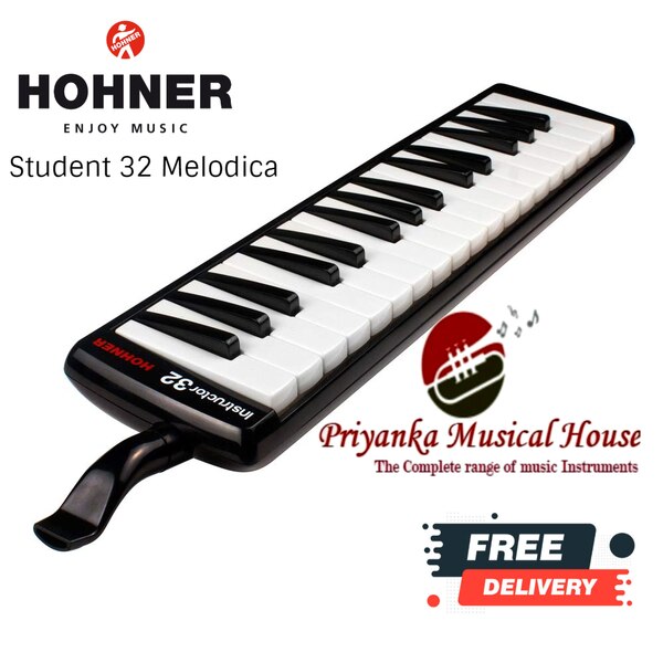 tem name: Student 32 MelodicaSeries: Student Line CorpusColour: BlackPacking: Plastic hardcaseKeys: 32Tonal range: f, small octave, c, three-line octaveBlowing tube: Blowing tubeErgonomic mouthpiece: Ergonomic mouthpieceLength: 42 cm