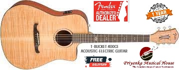 The fabulous-looking T-Bucket 400CE acoustic-electric guitar stands out from the pack with elegant aesthetics and rocking Fender tone. This stage-ready instrument makes a strong sonic and visual statement with its slick contemporary style and robust onboard active electronics. An exciting alternative to traditional acoustic guitars, this guitar is for the player who wants something different than the norm.FEATURESCutaway dreadnought acoustic-electric guitarFishman® Isys™ III pickup system with active preamp, tuner, volume and tone controlsPremium-grade figured maple top with quartersawn scalloped ”X”-bracing; premium–grade lacewood backBound maple neck with “C”-shaped profile; 20-fret rosewood fingerboardGraphTech® NuBone™ nut and compensated saddleFree Guitar Bag and 4-PicksFISHMAN® PREAMP WITH BUILT-IN TUNERFISHMAN® PREAMP WITH BUILT-IN TUNERA Fishman® pickup/preamp system gives your acoustic instrument peerless amplified performance, with a variety of onboard controls and no compromise whatsoever on pure, rich and resonant acoustic tone. The built-in tuner is conveniently placed right where you can see it, helping to keep your intonation right on the money.SCALLOPED BRACINGSCALLOPED BRACINGScalloped bracing is thinner than more conventional bracing. That means that the bracing pattern inside the guitar uses less wood, which means that soundboard mass is reduced. This lets the top resonate more freely, resulting in better tone with more nuance and greater projection.GRAPHTECH NUT AND BRIDGE SADDLEGRAPHTECH NUT AND BRIDGE SADDLEGraphTech string nuts and bridge saddles enhance the sustain, clarity and tonal consistency of an acoustic instrument. Neither too soft nor too brittle, they eliminate troublesome string binding, and they deliver performance, workability and appearance that easily outdo other plastics and come remarkably close to real bone.BODYBody Back: Laminated LacewoodBody Sides: Laminated LacewoodBody Top: Laminated Flame MapleBody Finish: GlossBody Shape: Dreadnought CutawayBody Binding: TortoiseshellBracing: Scalloped XRosette: Rosewood with Aged White OutlineNECKNeck Material: 3-Piece Laminated MapleNeck Binding: TortoiseshellNeck Finish: GlossNeck Shape:
