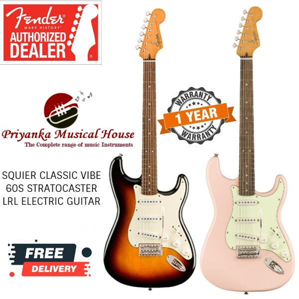 A tribute to the 1960s evolution of the Strat®, the Classic Vibe ‘60s Stratocaster creates incredible tone courtesy of a trio of Fender-Designed alnico single-coil pickups. Player-friendly features include a slim, comfortable “C”-shaped neck profile with an easy-playing 9.5”-radius fingerboard and narrow-tall frets, as well as a vintage-style tremolo system for expressive string bending effects. This throwback Squier model also features 1960s-inspired headstock markings, rich-looking nickel-plated hardware and a slick vintage-tint gloss neck finish for an old-school vibe.FEATURES100% designed by FenderInspired by 1960s-era Stratocaster modelsFender-Designed alnico pickupsVintage-tint gloss neck finishNickel-plated hardwareMODEL: 0374010500FENDER-DESIGNED ALNICO PICKUPSThis model features Fender-Designed alnico single-coil pickups for authentic Fender tone.VINTAGE-STYLE SYNCHRONIZED TREMOLO BRIDGEString-bending effects are possible with the vintage-style tremolo bridge, featuring vintage-correct stamped steel saddles.VINTAGE-STYLE TUNING MACHINESSporting classic looks, these vintage-style tuning machines provide rock-solid tuning stability and smooth action.NICKEL-PLATED HARDWAREThe durable nickel-plated hardware adds a deep, rich throwback look to the instrument.SLIM “C”-SHAPED NECK PROFILEThis instrument offers a slim “C”-shaped neck profile for a comfortable playing feel.VINTAGE-TINT GLOSS NECK FINISHThe neck on this model sports a vintage-tint gloss finish for a highly desirable aged look.BODYBody Material: NatoBody Shape: Stratocaster®Body Finish: Gloss PolyurethaneNECKNeck Material: MapleNeck Finish: Tinted Gloss UrethaneNeck Shape:
