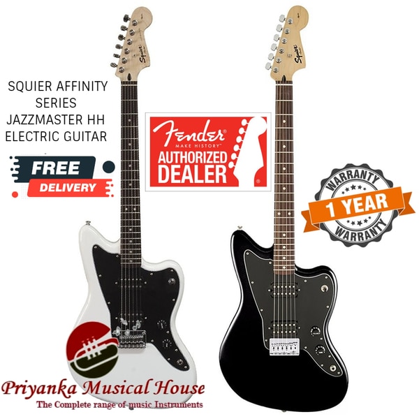 A superb gateway into the time-honored Fender® family, the Squier® Affinity Series™ Jazzmaster® HH delivers legendary design and quintessential tone for today’s aspiring guitar hero. This model features several player-friendly refinements such as a slim and comfortable “C”-shaped neck profile, a hardtail string-through-body bridge for solid string stability and sealed die-cast tuning machines for smooth, accurate tuning. Loaded with dual Squier humbucking pickups with 3-way switching for genre-defying sonic variety, this model is ready to accompany any player at any stage.FEATURESSlim and comfortable “C”-shaped neck profileDual humbucking pickupsHardtail string-through-body bridgeSealed die-cast tuning machinesSatin neck finishBODYBody Material: PoplarBody Shape: Jazzmaster®Body Finish: Gloss PolyurethaneNECKNeck Material: MapleNeck Finish: Satin UrethaneNeck Shape: