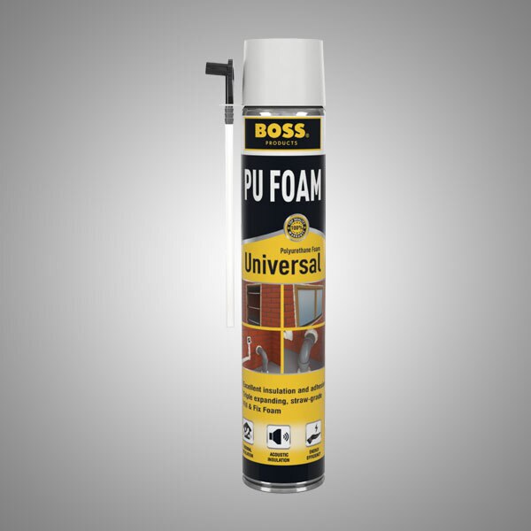 BOSS PU FOAM UNIVERSAL is a one-component, self-expanding, ready-to-use, PU-foam, which contains HCFC-and CFC-free propellants, which are not harmful for the ozone layerBenefitsExcellent stability (no shrinkage or post-expansion)High filling capacityGood adhesion on all surfaces (except PE, PP and PTFE)High thermal and acoustic insulation valueVery good bonding propertiesNot UV-resistantFreon free (not harmful to ozone layer and greenhouse effect)ApplicationsFilling of cavities Sealing of all openings in roof constructionsApply of an acoustic baffleImproving thermal isolation in cooling systemsAll foam applications in static jointsPackagingColour: Champagne Packaging: 750 ml aerosol (net)