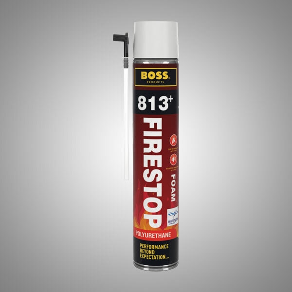 BOSS 813+ FR FOAM is a one-component, self expanding, ready-to-use PU-foam, which contains HCFC and CFC-free propellants which are not harmful for the ozone layer. BOSS 813+ is a PU-foam with fire retardant characteristics according to the European standard EN 1366-4.Colours:This product is available in pink.Packaging:Available in a 750 ml aerosol can.PropertiesFire resistant in a joint (EN 1366-4)High filling capacityGood adhesion on all surfaces (except PE, PP & PTFE)High thermal and acoustic insulation valueVery good bonding properties Not UV-resistantApplicationsInstallation of fireproof doors and windowsSealing of fire retardant joints in walls and ceilingAs part of the 'BOSS Fire Range'assortment for penetration seals and jointsSealing of all openings in roof constructionsApplying acoustic baffleAll foam applications in static joints