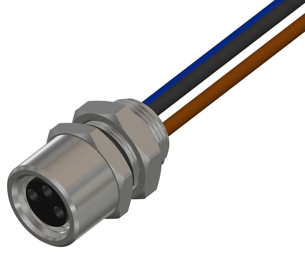 M08 3 Pin Female Front Panel Mount Connector, M08 x 0.5 mm Nut, 500 mm CableKATLAX M8 Panel Mount Cable Connector, 500 mmIntroducing the range of KATLAX M8 Cable Connectors, ideal for panel mounting in production and manufacturing environments. This connector has been designed with an M8 threaded interface and an industry-standard A coding which helps prevent miss-mating. This means it can easily mate with cable mount plugs, allowing complete flexibility for connection and easy to incorporation into any sensory or automation applications.