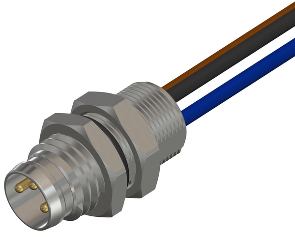 M08 3 Pin Male Front Panel Mount Connector, M08 x 0.5 mm Nut, 500 mm CableKATLAX M8 Panel Mount Cable Connector, 500 mmIntroducing the range of KATLAX M8 Cable Connectors, ideal for panel mounting in production and manufacturing environments. This connector has been designed with an M8 threaded interface and an industry-standard A coding which helps prevent miss-mating. This means it can easily mate with cable mount plugs, allowing complete flexibility for connection and easy to incorporation into any sensory or automation applications.