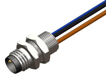 M08 3 Pin Male Flush Type Front Panel Mount Connector, M08 x 0.5 mm Nut, 500 mm Cable