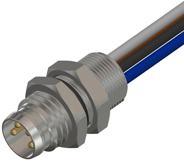 M08 4 Pin Male Front Panel Mount Connector, M08 x 0.5 mm Nut, 500 mm CableKATLAX M8 Panel Mount Cable Connector, 500 mmIntroducing the range of KATLAX M8 Cable Connectors, ideal for panel mounting in production and manufacturing environments. This connector has been designed with an M8 threaded interface and an industry-standard A coding which helps prevent miss-mating. This means it can easily mate with cable mount plugs, allowing complete flexibility for connection and easy to incorporation into any sensory or automation applications.