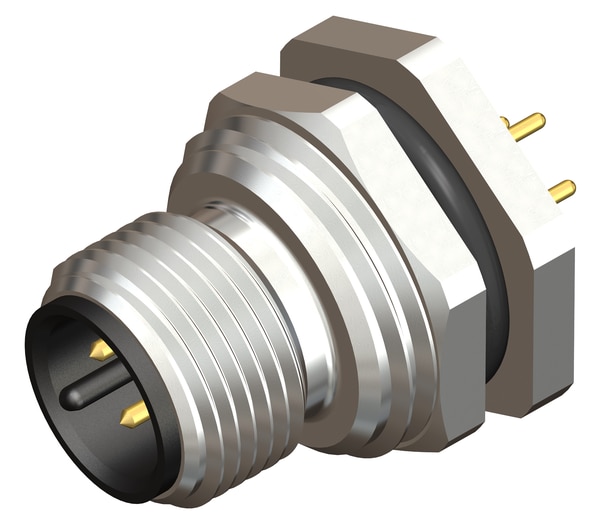 M12 4 Pin Male Rear Panel Mount Connector, M16 X 1.5 mm Thread, PCB Mount