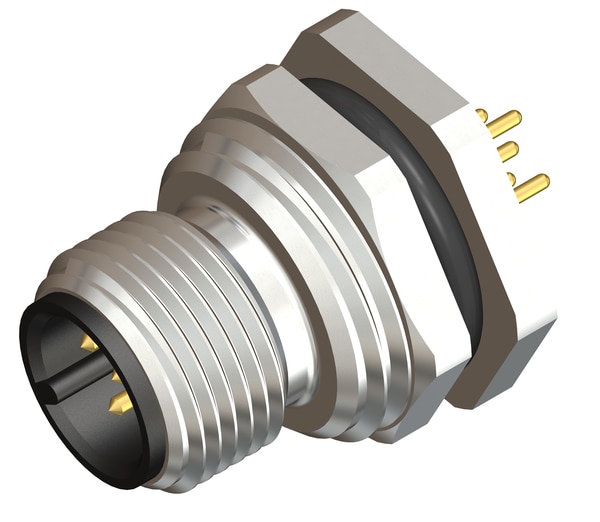 M12 5 Pin Male Rear Panel Mount Connector, M16 X 1.5 mm Thread, PCB Mount