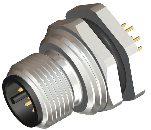 M12 8 Pin Male Rear Panel Mount Connector, M16 X 1.5 mm Thread, PCB Mount