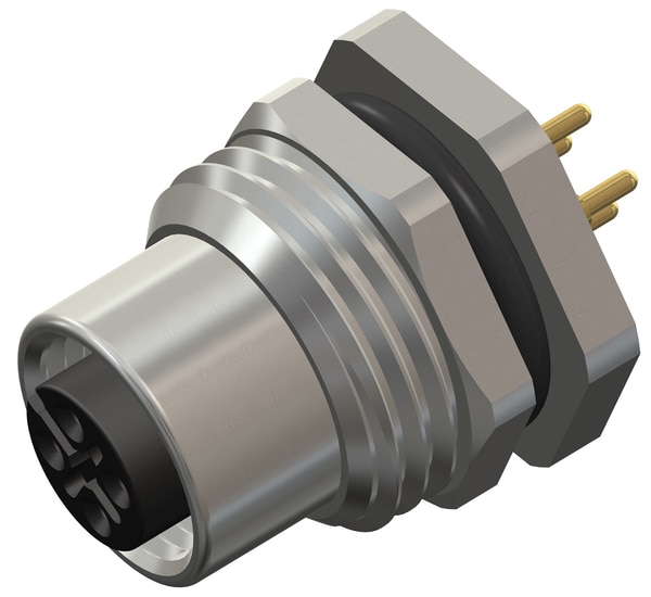 M12 4 Pin Female Rear Panel Mount Connector, M16 X 1.5 mm Thread, PCB Mount