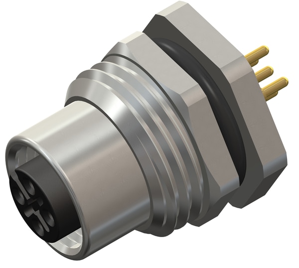 M12 5 Pin Female Rear Panel Mount Connector, M16 X 1.5 mm Thread, PCB Mount