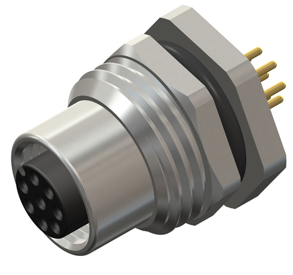 M12 8 Pin Female Rear Panel Mount Connector, M16 X 1.5 mm Thread, PCB Mount