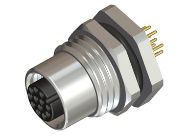 M12 12 Pin Female Rear Panel Mount Connector, M16 X 1.5 mm Thread, PCB Mount