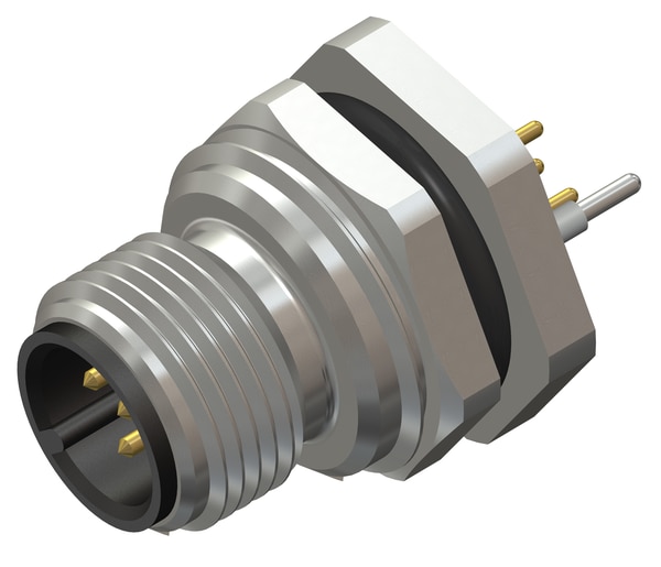 M12 4 Pin Male Rear Panel Mount Connector, M16 X 1.5 mm Thread, PCB Mount Shielded Type