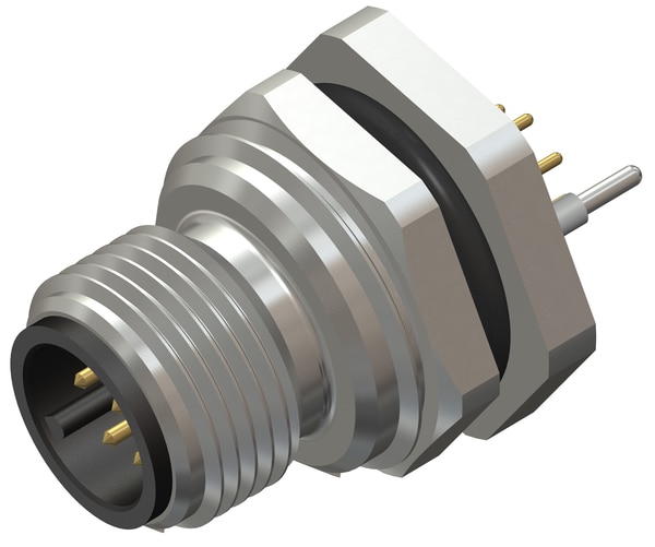 M12 8 Pin Male Rear Panel Mount Connector, M16 X 1.5 mm Thread, PCB Mount Shielded Type