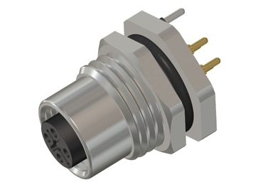 M12 4 Pin Female Rear Panel Mount Connector, M16 X 1.5 mm Thread, PCB Mount Shielded Type