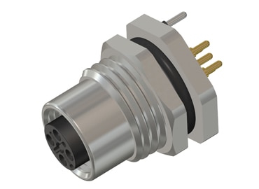 M12 5 Pin Female Rear Panel Mount Connector, M16 X 1.5 mm Thread, PCB Mount Shielded Type