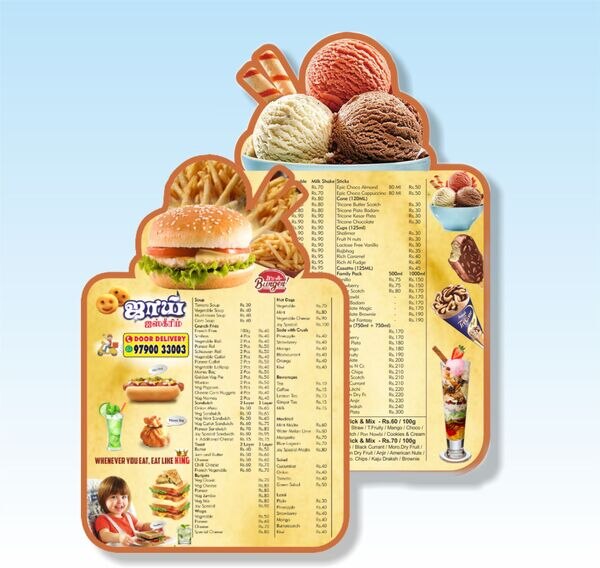 Printed in vinyl with sun board + cut out Qty. 1 Maintain Brand Consistency-Maximize Marketing Return-on-Investment-Easily Add New Menu Offerings or Adjust Pricing-Menu cards are also great tools to provide information about the availability of the food items which can be ordered in the restaurant.-This tool showcases the categories of the food and drinks that can be ordered by customers.