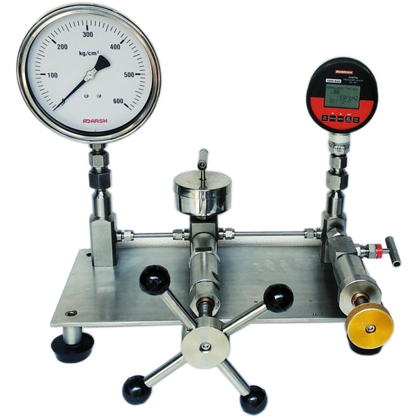 When you are looking for Inhouse Pressure Calibration of Pressure Instruments ADARSH AH1/AH2 series Models are the ideal tool. They offer fast pressure generation and are ideal for operating for many years. These Bench Pressure Calibrator are suitable for Calibration and Testing of pressure gauges, pressure transmitters, pressure switches, valves. Different Models are available for Vacuum and Pressure upto 1000 kg/cm2 max. Models AH1-150 and AH1-400 can be customized to be offered in portable versions for on-site calibration. These comparison testers are hydraulic based and can be used with oil (preferred) or water.Along with these testers we can also offer Digital Master Pressure Gauges (0.1% /0.05% F.S. Accuracy) or Mechanical Type Master Gauges in 6″/8″/10″ Dial Size (0.5% / 0.25% F.S. Accuracy)Model Selection :Model Ranges Pressure CalibratorsAH1-150 0 to 150 kg/cm2AH1-400 0 to 400 kg/cm2AH1-700 0 to 1000 kg/cm2Vacuum CalibratorsAH2-107 -0.95 to 7 kg/cm2Low Pressure CalibratorsAH2-9000M -6000 to +9000mmwc Key Features :-* Long Life, Minimum Maintanence* Fast Pressure Generation* Minimum Force Required for Pressure Generation* Available in Many Ranges upto 1000 bar* Vaccum Testers also available* Portable Version of AH1-150 and AH1-400 for Site calibration* Available with Digital/Analog Master Gauges upto 0.05% Accuracy* High Volume Capacity for Testing 6″/10″ gauges* Best for Lab Use* Most Parts made from Stainless Steel