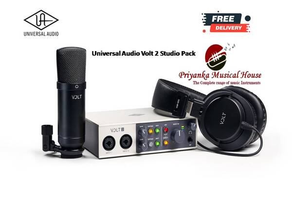 Everything you need for professional audio productions.Volt Studio Packs are the perfect way to jumpstart your home recording studio. Capture your music productions, livestreams, and podcasts with Universal Audio’s 2-in/2-out Volt 2 recording interface, featuring a Vintage Mic Preamp for classic studio sound.This studio pack includes a condenser mic and cable, studio monitoring headphones, and a suite of music production software. So you’ll be recording like a pro, right out of the box.Key Benefits● Get everything you need for pro studio recordings, including a stylish 2-in/2-out USB interface, condenser mic, headphones, cable, and more● Create classic-sounding music productions, livestreams, and podcasts on Mac, PC, iPad, and iPhone● Record your voice or guitar with rich, full sound using Vintage Mic Preamp mode● Produce with an essential suite of audio and music software including Ableton, Melodyne, UJAM’s Virtual Drummer, Marshall, Ampeg, and moreCollaborate with Best-in-Class Audio QualityFrom the team that brought you the game-changing Apollo interface, Volt 2 delivers superior studio sound quality, with more character and tone than any USB interface in its class.Capture Classic Vocals with Vintage Mic Preamp ModeFew sounds can compare to a vintage Universal Audio 610 tube preamp, as used to record everyone from Ray Charles to Van Halen. Volt 2 gives you the rich, full sound of this classic UA mic/line/instrument preamp, thanks to its built-in tube emulation circuitry, a UA exclusive. Create with a Curated Suite of Audio SoftwareSome audio interfaces give you a smattering of random audio apps. Not Volt. Instead, UA put together a bundle of serious music production tools, virtual instruments, and plug-ins including Ableton, Melodyne, UJAM’s Virtual Drummer, Marshall, Ampeg, and more.Included SoftwareAbleton Ableton Live LiteSoftube Marshall Plexi Classic AmpSoftube Time & Tone BundleCelemony Melodyne EssentialRelab LX480 EssentialsPlugin Alliance Ampeg SVT-VR ClassicBrainworx bx_tunerBrainworx bx_masterdesk ClassicUJAM Virtual Drummer DEEPVirtual Bassist DANDYSpitfire LABSEasy In, Easy OutVolt 2 gives you simple 2-in/2-out audio connections. Just plug the included condenser mic into the front panel and engage 48V phantom power. Then connect your headphones to monitor audio with no latency. With Volt, you'll be creating like a pro, fast.iPad & iPhone ReadyTraveling light? Plug Volt 2 into your iPad or iPhone, and you can easily create beats and samples, record your band’s rehearsals, and edit songs anywhere.* Capture Inspiration for Years to ComeFeaturing rugged all-metal construction and sleek, vintage-inspired industrial design, Volt 2 elevates your production space with impeccable style, built to last decades.*Requires external Volt power supply and an Apple Lightning to USB Camera Adapter (except iPads with USB-C).Key Features● Desktop 2-in/2-out USB audio interface with class-leading 24-bit/192 kHz audio conversion for Mac, PC, iPad, and iPhone● Studio condenser microphone for professional vocal and instrument recording● Closed-back studio headphones for accurate recording and mixing● Vintage Mic Preamp mode lets you record voice or guitar with the rich, full sound of a classic UA tube preamp● Essential suite of audio and music software including Ableton, Melodyne, UJAM’s Virtual Drummer, Marshall, Ampeg, and more● Studio-quality headphone amplifier for loud, clear monitoring● USB bus powered to reduce cable clutter● 48V phantom power for condenser microphones● Direct Monitoring for latency-free recording● Stylish, rugged construction built to withstand years of use● 1-in/1-out MIDI connections● USB-C to USB-A cable included