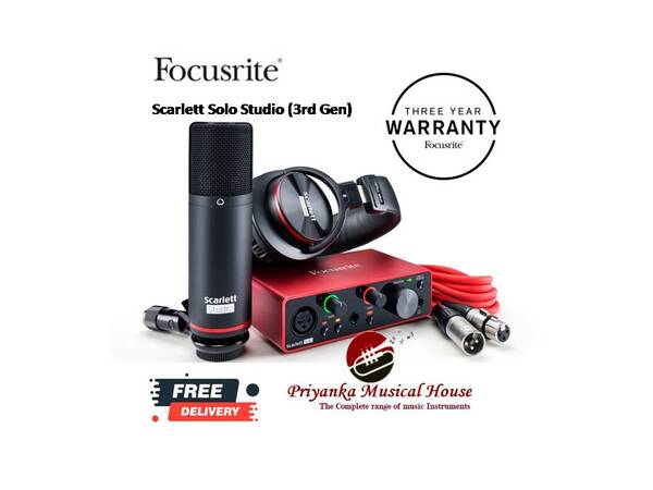 Everything you need to record guitar and vocals at the same timeYou’ve found the simplest way to create incredible recordings of your music. Featuring the smallest USB audio interface we make, mic, headphones and all the cables you need to get started, Scarlett Solo Studio is ready to record every song you’ll ever write.✔ Our simplest Scarlett USB interface, featuring the best performing Scarlett mic preamp the range has ever heard – now with Air ✔ CM25 MkIII condenser microphone, for making detailed studio-quality recordings✔ HP60 MkIII professional closed-back headphones, for clear and comfortable audio playback, mixing and monitoring ✔ XLR and USB cables in the box, no power supply needed. Unpack, plug in, recordYOUR SIGNATURE SOUND, ONE SIMPLE SETUPScarlett Solo Studio helps thousands of musicians and songwriters share their music with the world every day. Featuring a natural sounding 3rd Gen mic preamp, and Air, emulating our original ISA preamps. With your songs and Scarlett Solo Studio Pack, you have everything you need to record in studio quality.THE BEST SOUNDING, EASILYQuick Start gets you set up and recording within minutes. Your CM25 MkIII mic captures every detail. Your HP60 MkIII headphones mean clear and comfortable mixing and monitoring. A 3rd Gen mic preamp, high-headroom instrument input and now-iconic Gain Halos mean the science of sounding great is sorted. We’ve worried about the tech, you can focus on the music.YOUR RECORDING IS 30 YEARS IN THE MAKINGWe’ve been making mic preamps for 30 years, and the 3rd Gen mic pre is the best Scarlett has ever heard. The 24-bit/192kHz converters give your recordings clarity and detail. Air mode breathes life into vocals, adding unique high-end detail. Our decades of experience mean Scarlett sounds just like you.OUR TECHNOLOGY IS SOUNDIncredibly reliable, Focusrite hardware won’t let you down. If, however, you come across a problem you can rely on our global support team and your two-year warranty to get it sorted. Sound.ALL THE TOOLS YOU NEED TO START RECORDING RIGHT, NOWAlong with CM25 MkIII microphone and HP60 MkIII headphones, your Solo interface comes with a whole range of recording software, sounds and plug-ins to choose from:Avid® Pro Tools® | First Focusrite Creative Pack:hundreds of virtual instrument sounds, 500MB of loops, and great-sounding effects.Ableton® Live Lite™:industry-leading music-making softwareThree Month Splice Sounds Subscription:Get access to millions of high-quality, royalty-free one-shots, loops, and presets, with new releases dailyXLN Audio Addictive Keys:choose one of four inspiring virtual keyboard instrumentsSoftube Time and Tone Bundle: three of Softube's world class reverb, delay and distortion plug-ins, and an an easy-to-use mastering toolFocusrite Red Plug-in Suite:accurately models our classic Red 2 equaliser and Red 3 compressorFocusrite Plug-in Collective:receive free versions of the most innovative software, as well as benefiting from discounts