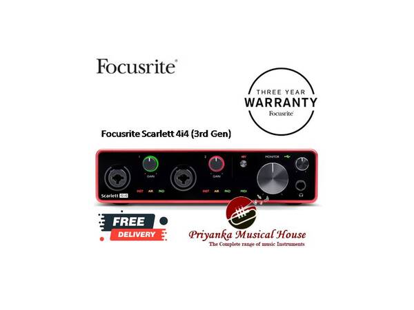 Focusrite Scarlett 4i4 (3rd Gen)Focusrite Scarlett 4i4 (3rd Gen)Focusrite Scarlett 4i4 (3rd Gen)Focusrite Scarlett 4i4 (3rd Gen)Focusrite Scarlett 4i4 (3rd Gen)FocusriteDEALFocusrite Scarlett 4i4 (3rd Gen) 0 reviewsProduct Code:Focusrite Scarlett 4i4 (3rd Gen)In Stock₹24,199 ₹22,989Call 044-28193445 for availability11.9kSharesfacebook sharing buttontwitter sharing buttonpinterest sharing buttonlinkedin sharing buttonsharethis sharing buttongooglebookmarks sharing buttonDescriptionSpecificationsReviews (0)Microphone InputsFrequency Response: 20Hz - 20kHz ± 0.1dBDynamic Range:111dB (A-weighted)THD+N: <0.0012% Noise EIN:-128dB (A-weighted)Maximum Input Level: 9dBu (at minimum gain)Gain Range: 56dBImpedance: 3kΩLine Inputs 1-2 (Variable Gain)Frequency Response: 20Hz - 20kHz ± 0.1dBDynamic Range: 110.5dB (A-weighted)THD+N: <0.002%Maximum Input Level :22dBu (at minimum gain)Gain Range: 56dBImpedance : 60kΩLine Inputs 3-4 (Fixed Gain)Frequency Response : 20Hz - 20kHz ± 0.1dBDynamic Range :110dB (A-weighted)THD+N : <0.002%Maximum Input Level :18dBu (at minimum gain)Impedance :44ΩInstrument InputsFrequency Response :20Hz - 20kHz ± 0.1dBDynamic Range :110dB (A-weighted)THD+N :<0.03%Maximum Output Level (0 dBFS) :12.5dBu (at minimum gain)Gain Range :56dBImpedance :1.5MΩLine/Monitor OutputsDynamic Range (Line Outputs) :108dBTHD+N :<0.002%Maximum Output Level : (0 dBFS) 15.5dBu Impedance :430ΩHeadphone OutputsDynamic Range :104dB (A-weighted)THD+N :<0.002%Maximum Output Level :7dBuImpedance :<1Ω
