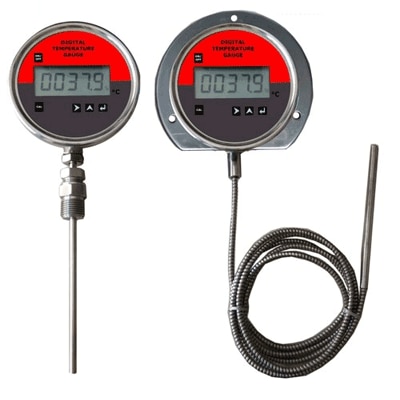 Digital Temperature Gauges offer better accuracy compared to traditional mechanical temperature gauges. They are highly reliable compared to mechnanical gauges in terms of both longevity and accuracy. They dont need case compensation like liquid or gas filled temperature gauges, so you can always be sure about the accuracy of the gauge. The problem of giving continuous power to digital temperature gauge is solved by our unique electronics which ensures that internal battery life is upto 2 years and no other external ac or dc source is required. Either an rtd or thermocouple can be connected to show the temperature upto 600 / 1100 deg C respectively.Features :-* Battery Operated, 2 Years battery life !!* Big Display 15mm height* Stainless Steel construction* both C / F units* Ranges upto Max 1100 deg CSpecifications :-Series : TI-400 , TIR-400 with rigid stem type & TIC-400 with capillary TypeDial Size : 4