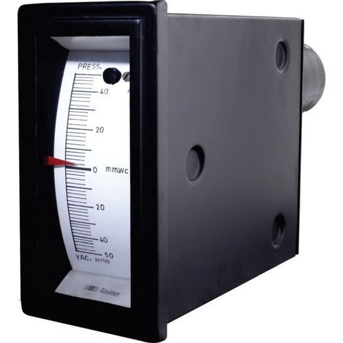 Draft Gauges are used for low pressure measurement from ranges -25mmwc to 0 upto 6000mmwc.Features :-4 Rectangle Size: 150 x 78 mm & 200 x 104 mm4 Vertical or horizontal Dial Orientation4 Brass or SS Capsule (sensing element)4 Fabricated Steel Stove Enameled Black Case4 Connection ¼†bsp (M) or as required4 Flush Panel Back Entry4 Range: 0 to 25mmwc upto 6000mmwc4 Compound ranges: -25 to + 25mmwc upto -300 to +300mmwc