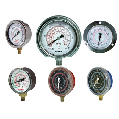 ADARSH Freon Pressure Gauges are widely used in Refrigeration Plants and Commercial Refrigeration Applications.Specifications4 Available in both Standard and Stainless Steel Versions4 Dial size 63mm (2 ½â€Â), 100mm (4â€Â)4 Dry or liquid filled4 1/8†npt or 3/8