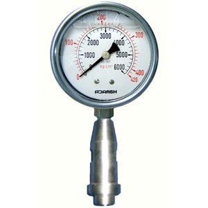 The ADARSH Homogenizer Gauge now lasts longer due to the new design feature incorporated inside the gauge. Generally homogenizer gauge is used in food, dairy industry on Homogenizer Machines. Since it is a hygienic application diaphragm seal is used. Further the presence of continuous pulsating media and that too at High Pressure causes failure of ordinary diaphragm gauges. At Adarsh a diaphragm seal has been specially designed to sustain this high pressure pulsation and vibration. Available upto ranges 700 kg/cm2, bar / 10000 psi.Specifications4 100mm ( 4