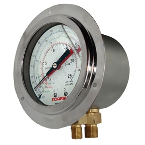 Duplex Pressure Gauges have double pointers and double connections. Pressure from two lines can be measured on a single pressure gauge. One black pointer indicates pressure of one line and red pointer indicates pressure of other line. The gauges are glycerin filled for optimum use.Duplex Pressure GaugesEX SeriesSpecifications4 100mm (4