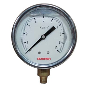 Applications :-Liquid filled gauges are generally used for applications where vibration & pulsating media is a factor. Vibration leads to wear and tear of internal parts and causes the gauge to damage and an unsteady pointer reading. Glycerin or Silicon filling smoothens the movement of internal gears & parts and also reduces the fluttering of pointer to give a steady reading. These gauges are available with either brass internals or ss internals.Specifications4 Dial Sizes 63mm, 100mm, 150mm, 250mm4 Stainless Steel SS304 Case and Ring IP654 Brass or SS Working Parts4 Liquid Filled (Glycerin or Silicon)4 1/8Ã¢â‚¬Â, Ã‚Â¼Ã¢â‚¬Â, 3/8Ã¢â‚¬Â, Ã‚Â½Ã¢â‚¬Â bsp or npt connection4 Bottom Direct, Bottom Surface, Back Direct, Back Panel, Back Clamp Mounting