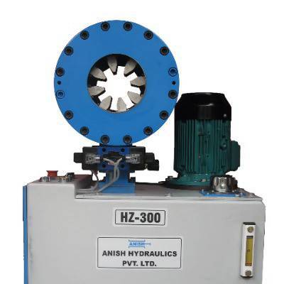 Our range of Horizontal Crimping Machines, model HZ – 300 offers excellent performance and is used for crimping of hoses. These horizontal crimping machines have 8 Die segments that move radially in the die magazine with the help of hydraulic cylinder.Features of Horizontal Crimping Machine:--Position control and corresponding depth of crimp achieved by a dedicated electro-hydraulic control--Crimping head is positioned at a working height on the top of hydraulic reservoir and easily operated with the help of adjacent control panel--Through opening of the machine is Ø 140 mm, which facilitates crimping of heavy, flanged and elbow fittings--Quick movement of the Die magazine as high as 55 mm on diameter facilitates easy removal of hose assemblies with bends, elbows and flanged ends--Tool Rack provided at the left side of the machine for storage of Die sets