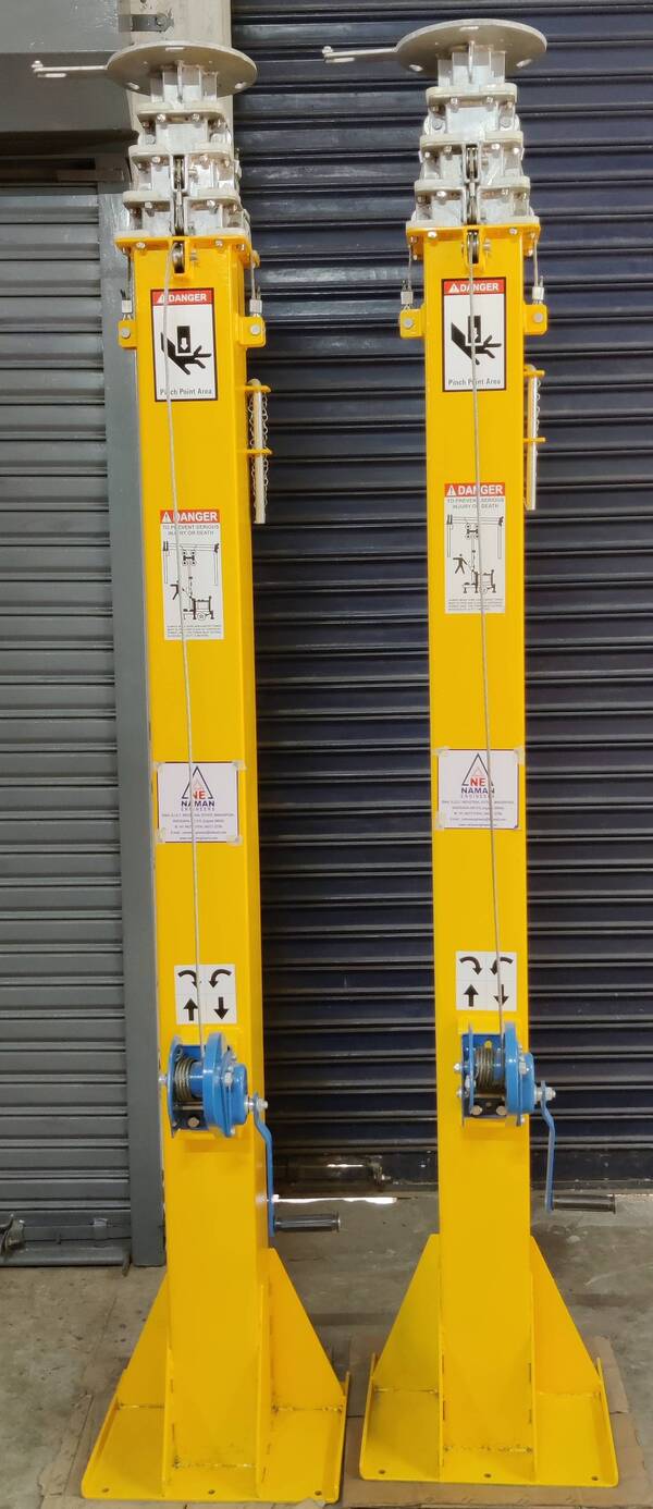 CUSTOMIZED HEIGHT : 5000MM TO 10000MMPARAMETERS Height Standard : 9000mm Static Height Standard : 2250mm Max Pay Load : 50 Kgs. Mast Net Weight : 140 Kgs. Winch : Hand Winch 1200 LBS Wind Rating Speed : 120 KMPHSQUARE TUBENo & Section…………………Five (5) Top Tube Height : 2000 mm Top Tube Size : 60 X 60 mm Top Tube Thickness : 2 mmTop Tube Height : 2000 mm Top Tube Size : 80 X 80 mm Top Tube Thickness : 2 mmTop Tube Height : 2000 mm Top Tube Size : 100 X 100 mm Top Tube Thickness : 2 mmTop Tube Height : 2000 mm Top Tube Size : 125 X 125 mm Top Tube Thickness : 3 mmTop Tube Height : 2000 mm Top Tube Size : 150 X 150 mm Top Tube Thickness : 3 mm OPERATIONMovement : 9000mm Moving Parts : 2250mm Wire Rope : 50 Kgs. Hardware : 140 Kgs. Pin & Rollers : Hand Winch 1200 LBSSURFACE FINISHOver All : Hot Deep Galvanized Internal & External Bottom Tube : Weather Coat PU PaintMOUNTINGBottom Plate : 13 Dia X 6 Holes easy to mount Top Plate : 9 Dia X 4 Holes easy to mountACCESSORIESCable Tube : 100 X 100 MM Cable Size : As per Customer RequirementCable Length : 10 Mtr. Tensioning Rope : 1200 mm X 3 Nos.Light Fixing Bracket : CustomisedAPPLICATIONSThis product is outstanding technology of Naman which can be used by construction projects, all types of industries, sports complex, open grounds, all types of functions & individuals. Can be used to mount search lights, camera, router or any other device. It’s your ideal portable lighting & surveillance sullutions. It is easy to operate, fast deploy and free of maintenance. It can be Mount on Vehicles. FEATURES• Sturdiness• Easy to install• Highly durableOur company has made enormous breakthrough in the manufacturing and supplying a highly qualitative Mechanical Mast . The offered pole is precisely manufactured with the topmost grade raw material and developed technology under the guidance of our deft professionals. This pole is used for temporary lightning applications and available in different specifications. Apart from this, the provided pole is tested against variegated parameters to dispatch a flawless range at precious patron’s end.Mechanical Mast Manufacturer and Supplier in Vadodara, Gujarat, India.