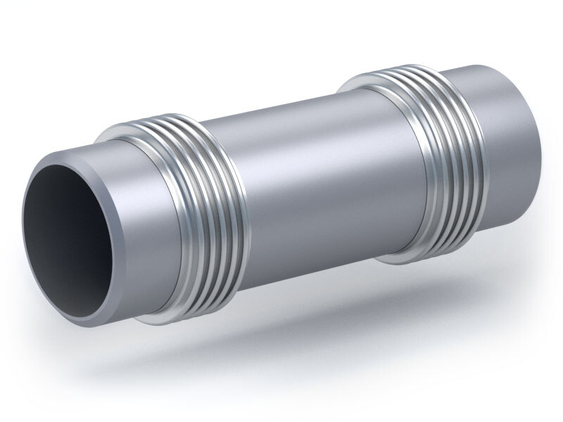 This expansion joint has two bellows sections connected by a center pipe section. This design allows for large amounts of lateral deflection. The universal can also allow for axial and angular movements in addition to the lateral movement. This expansion joint does not come with the hardware to resist pressure thrust. Like the single unrestrained expansion joint the universal expansion joint must be properly anchored and supported.Universal unrestrained expansion joint is appropriate for any application where pressure thrust can be handled by external anchorage. The universal unrestrained expansion joint is appropriate for large lateral offset requirements wherever a low lateral offset spring rates is required.Features:· Simple design and relatively low cost· Suitable for a low lateral spring rate and high lateral movement· Use of tie rods can resist pressure thrust.· Requires main and directional anchors and guideTypes of Movement:· Axial movement· Large lateral deflection· Angular rotation