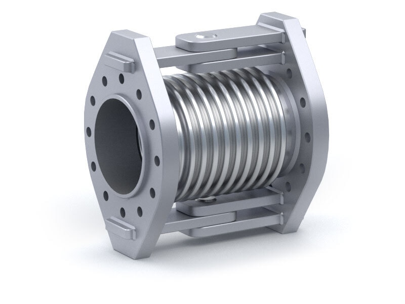 A single hinged expansion joint is designed to permit angular rotation in one plane, by the use of a pair of pins through hinge plates attached to the expansion joint ends.Hinged joints are used in sets of two or three, to absorb pipe movement in one or more directions in a single plane piping system.Expansion joint hinges are designed to transmit the full pressure thrust of the expansion joint. A hinged system permits large movements to be absorbed with minimal anchor forces.These units do not allow axial movement however, some types of hinge systems can be provided with holes for the hinge pin that are slotted to allow limited axial displacement. These slotted hinge types cannot resist the pressure thrust forces and therefore proper anchorage must be provided.Features:· Angular motion in one plane· Withstand pressure thrust load· Prevents torsion on bellows· Low forces on piping systemTypes of Movement:· Angular rotation in a single plane· Allow limited axial displacement with slotted hole