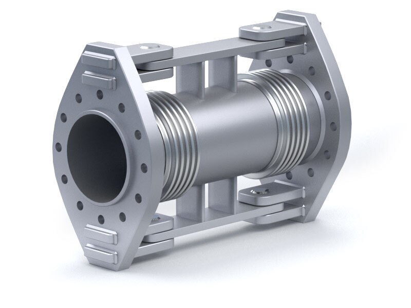 Double hinged expansion joint consists of two single hinged expansion joints connected with intermediate pipe with double hinge restraints to absorb pressure thrust, axial force due to the effect of pressure. Therefore, any expansion of the center pipe within the limits of the hinge bar will simply compress the bellows, and will not exert movement on the adjoining pipe. Application of this expansion joint is for compensating large lateral movement.Features:· Angular motion in one plane· Eliminates pressure thrust load· Prevents torsion on bellows· Low forces on piping systemTypes of Movement:· Angular rotation in a single plane