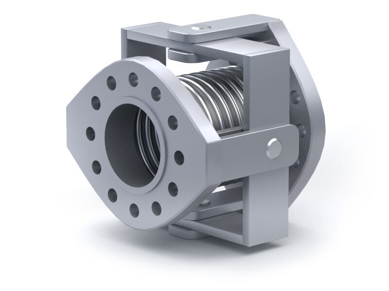 A single expansion joint is designed to permit angular rotation in any plane by the use of two pairs of hinges affixed to a common floating gimbal ring.Unlike the hinged joint, which can absorb angular rotation in a single plane only, the gimbal joint can absorb angular rotation in any plane. The ability of the gimbal expansion joint to absorb angular rotation in any plane is most often applied by using two gimbal joints which act together to absorb movement. Gimbals, like hinges, are designed to transmit the pressure thrust and are used in pairs, or in conjunction with a hinged joint. A gimbal ring is either round or square. For round gimbals the torsional moment shall be considered and for square gimbals the instability due to the bending shall be considered.Features:· Absorbs angular rotation and low forces on piping system· Withstand pressure thrust load and no main anchors required· Transmits shear loads and prevents torsion on bellowsTypes of Movement:· Angular rotation in any plane